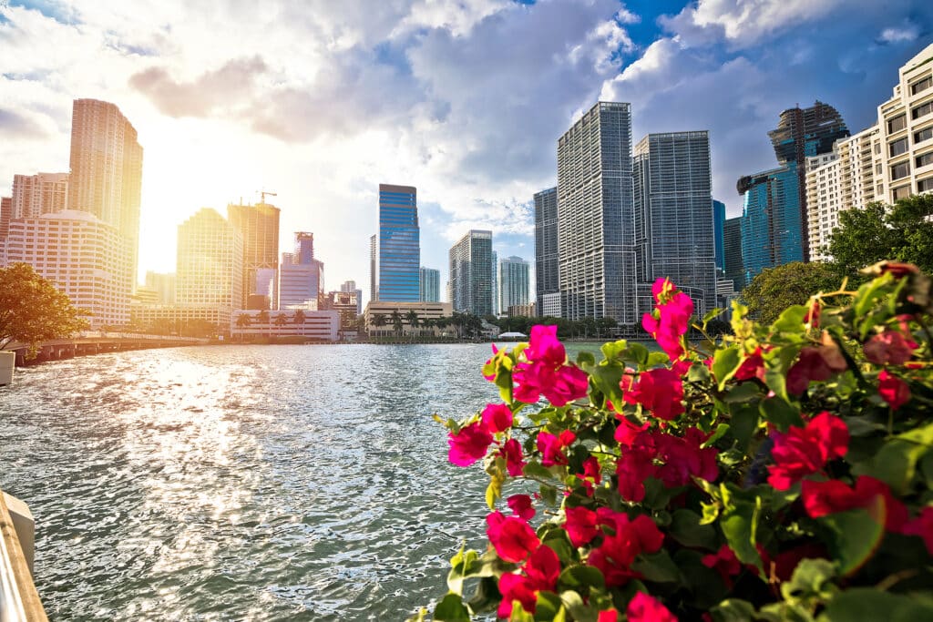 Miami waterfront walkway and skyline sunset view, Florida state of USA